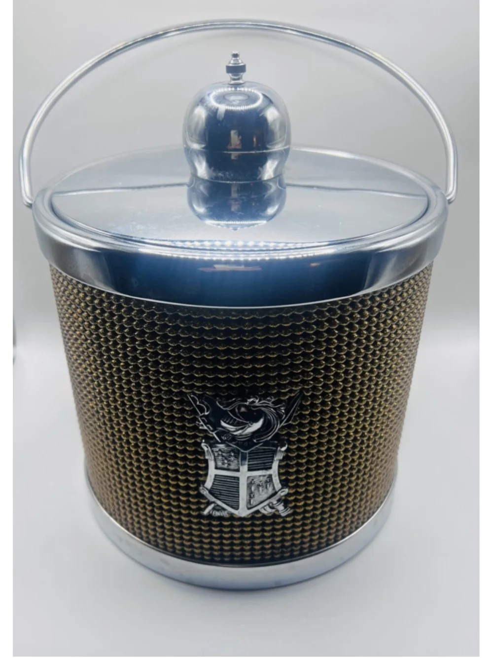 Vintage Chrome MCM Ice Bucket Bronze Silver Beaded Crest Shield w/ Lid & Handle